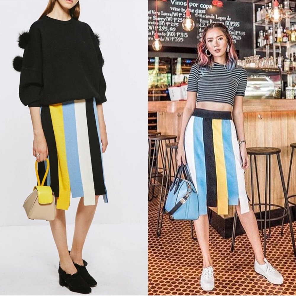 Chic Striped Midi Skirt in Black, Blue, Yellow, and White